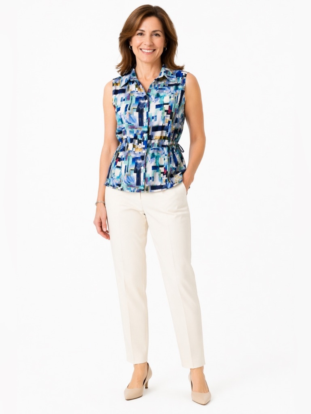 Sleeveless Button-Front Collared Top in Multicolor Blue Print Sz S - Picture 2 of 12
